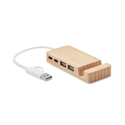 Hub USB 4 porturi Tip-C/A din bambus, 20 cm