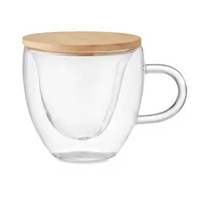 Cană borosilicată în formă de inimă cu capac bambus, 180 ml